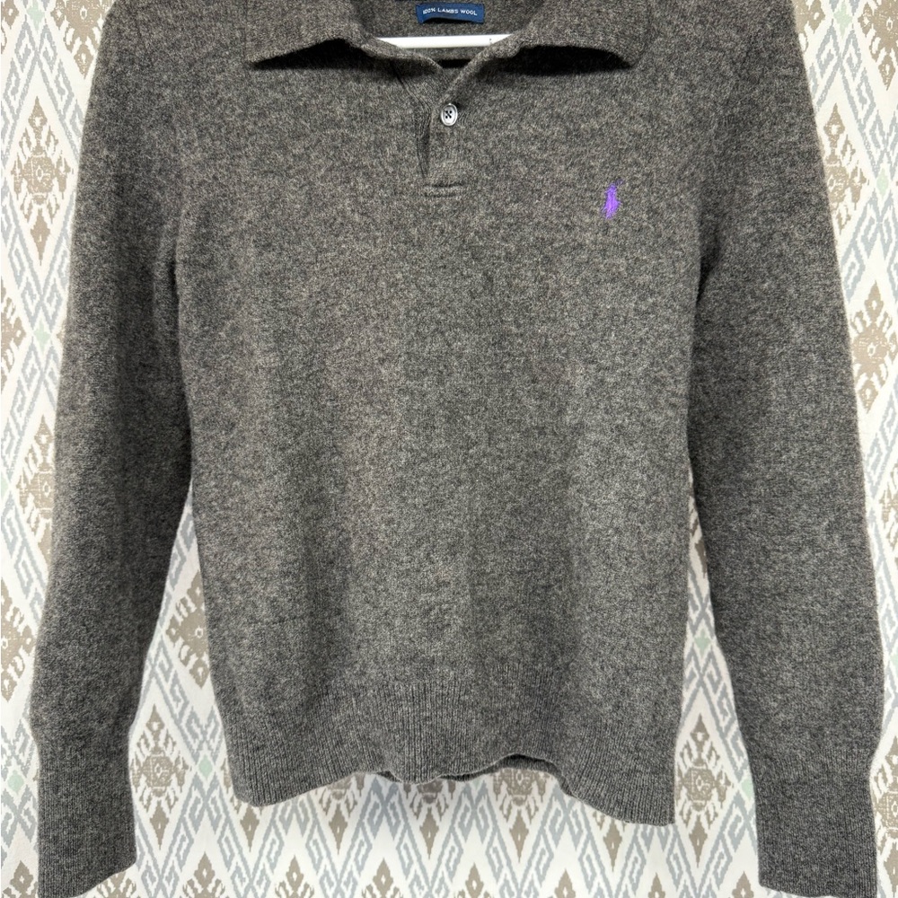 Polo by Ralph Lauren Gray Crewneck Top with Purple Accents 100% lamb wool